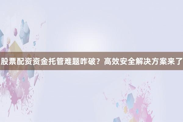 股票配资资金托管难题咋破？高效安全解决方案来了